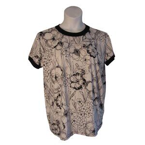 Lularoe XL Liv Knit Shirt Top Tee Black White Line Drawn Flowers